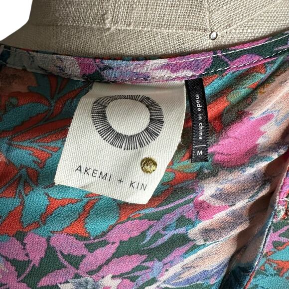 AKEMI + KIN Colorful Button Front Sheer Floral Midi Dress Kimono Size Medium - Picture 8 of 8